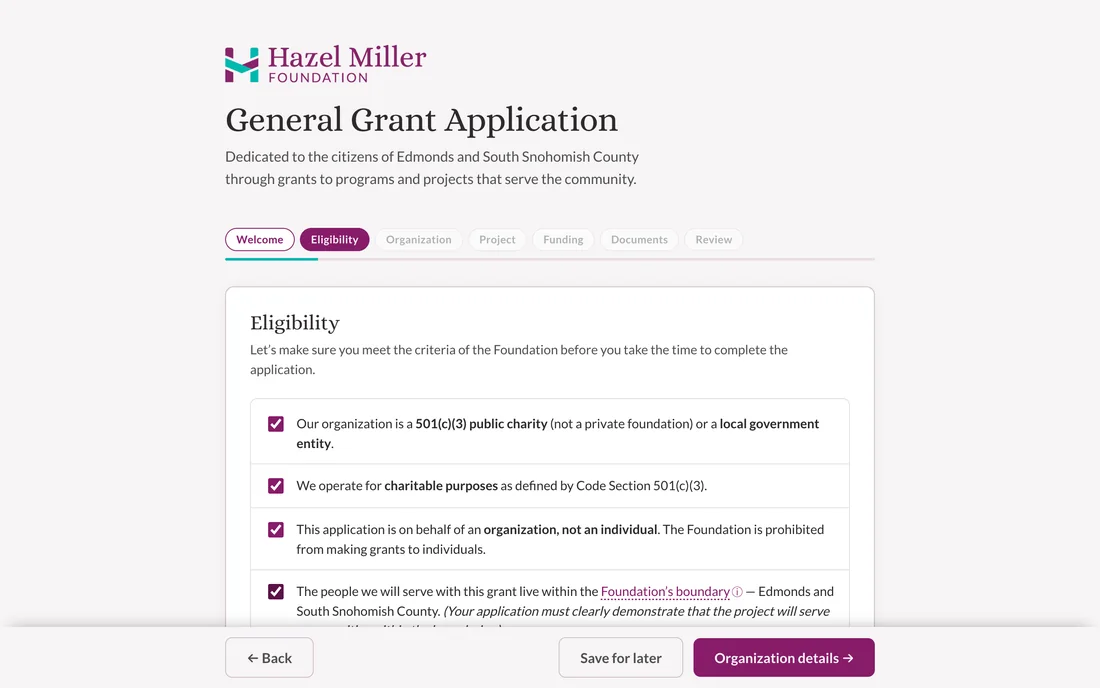 The General Grant Application in the foundation’s plum and teal: a row of step chips from Welcome to Review, and the Eligibility step with four confirmations ticked.
