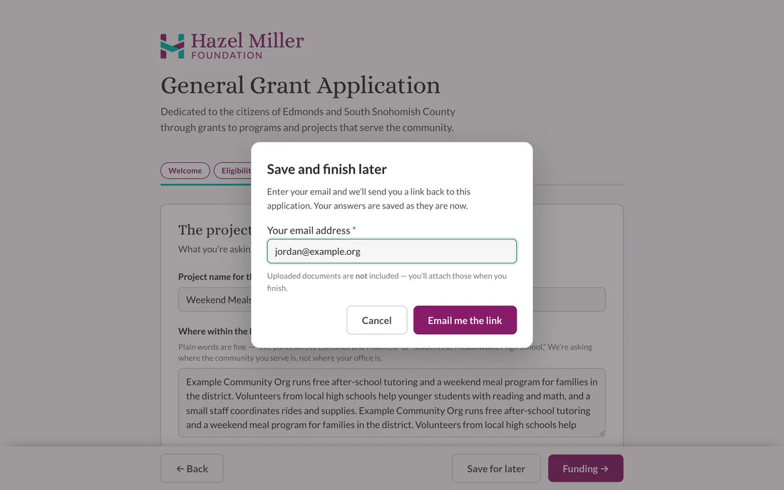 A Save and finish later dialog over the Project step, asking for an email address to receive a link back to the application.
