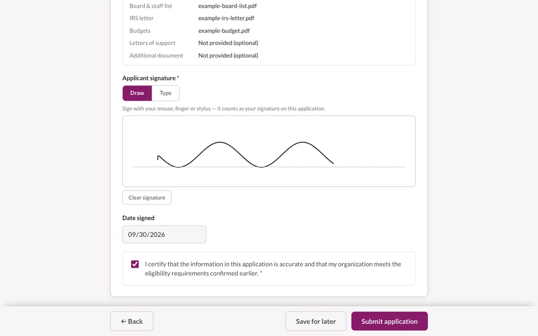 The Review and sign step: a drawn signature, the date, the certification box ticked, and the Submit application button.
